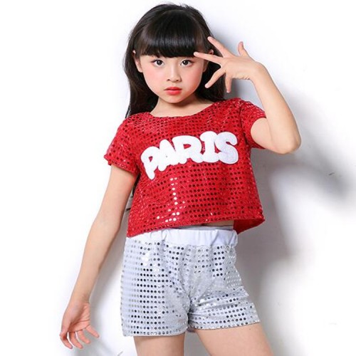 street dance hip hop outfits for Girls boys paillette blue silver red competition modern dance stage performance cheeerleaders cosplay costumes 
